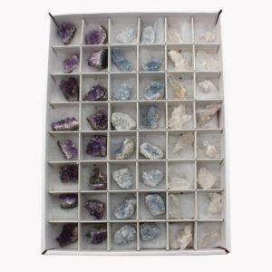 Mineralienboxen - Box 3 Mix 3er Amethyst/Coelestin/Bergkristall 54 Stück