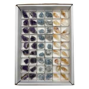 Rohsteine-, Mineralien- und Fossilien-Boxen VE=24/48/54 ab € 1,77/Stück - Box 3 Mix 3er Amethyst/Coelestin/Citrin 54 Stück